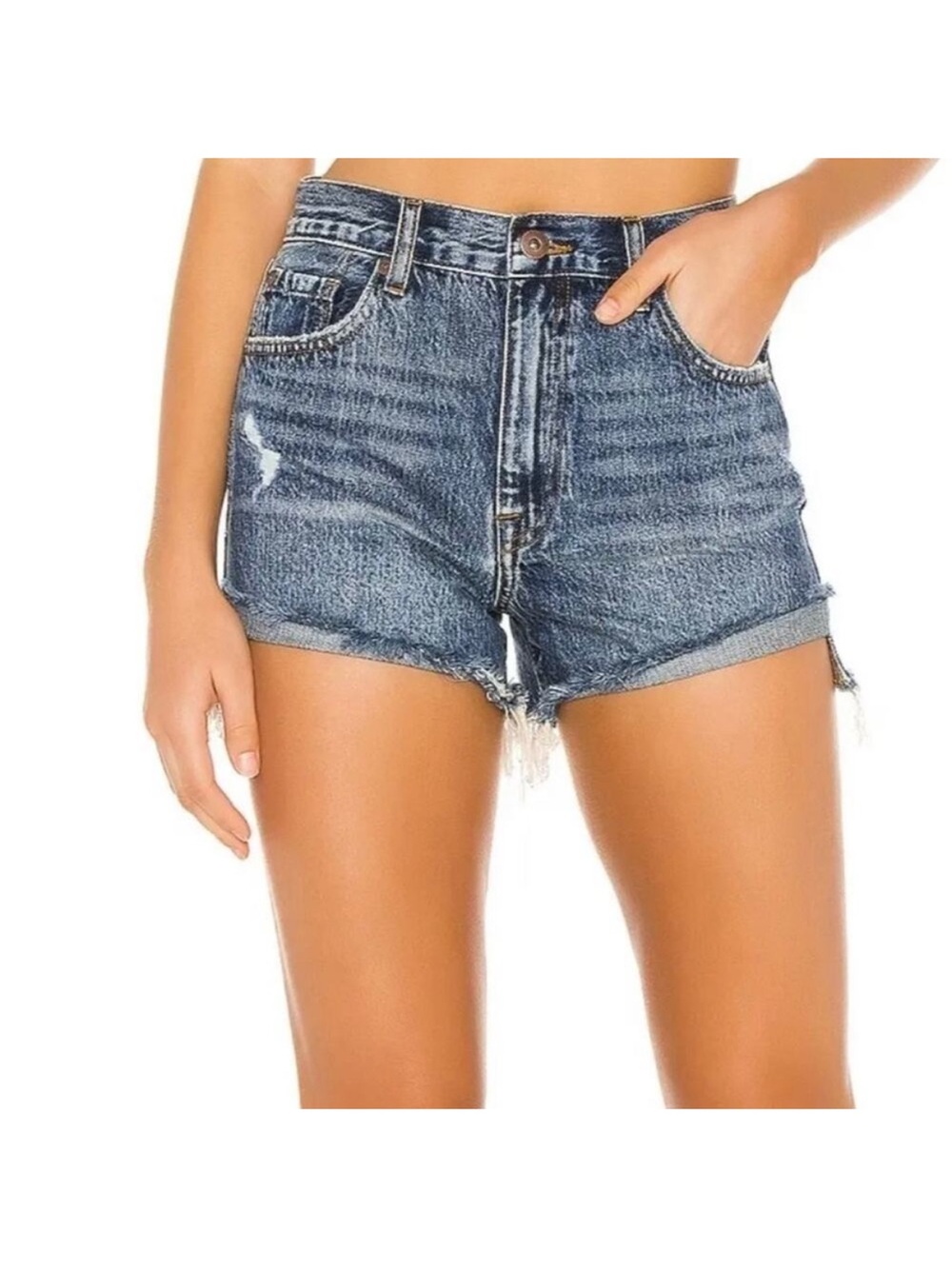 NWT PISTOLA Kiley Distressed High-Rise Denim Shorts in Blue